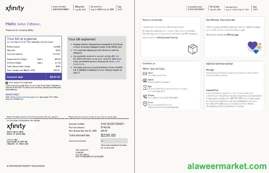 USA Xfinity utility bill template in Word and PDF formats, 3 pages, version 3, 1-2 pages